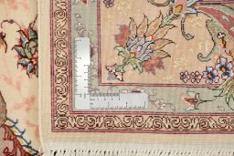 Corner detail of New Tabriz Silk rug showing border pattern and Wool pile