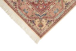 Backside of handmade New Tabriz Silk rug showing knot structure and weave density