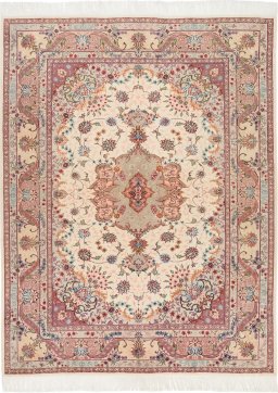 Full view of New Tabriz Silk rug from Iran / Persia, 193 × 147 cm in Cream tones