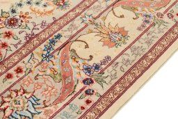 Close-up detail of New Tabriz Silk rug from Iran / Persia showing Wool weave