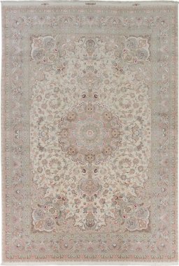 Full view of New Tabriz Silk rug from Iran / Persia, 511 × 351 cm in Cream tones
