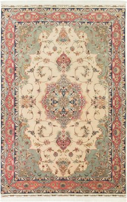 Full view of 1990s Tabriz Silk rug from Iran / Persia, 310 × 201 cm in Cream tones