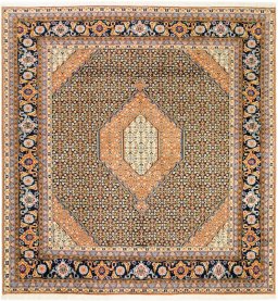 Full view of 1990s Tabriz Silk rug from Iran / Persia, 208 × 198 cm in Dark blue tones
