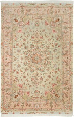 Full view of 1990s Tabriz Silk rug from Iran / Persia, 303 × 198 cm in Cream tones