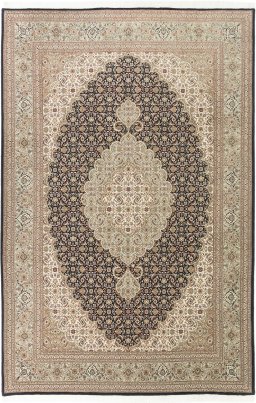 Full view of New Tabriz Silk rug from Iran / Persia, 305 × 205 cm in Black tones