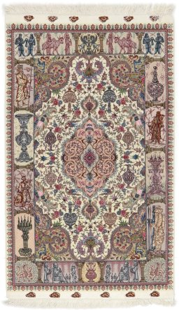 Full view of New Tabriz Silk rug from Iran / Persia, 156 × 98 cm in Cream tones