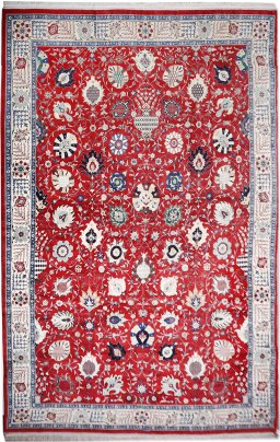 Full view of New Tabriz Silk rug from Iran / Persia, 635 × 394 cm in Red tones