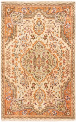 Full view of 1998s Tabriz Silk rug from Iran / Persia, 120 × 77 cm in Beige tones