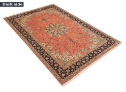 Corner detail of New Tabriz Silk rug showing border pattern and Wool pile