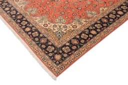 Corner detail of New Tabriz Silk rug showing border pattern and Wool pile