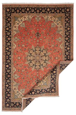 Close-up detail of New Tabriz Silk rug from Iran / Persia showing Wool weave