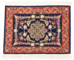 Full view of New Tabriz Silk rug from Iran / Persia, 91 × 64 cm in Blue tones