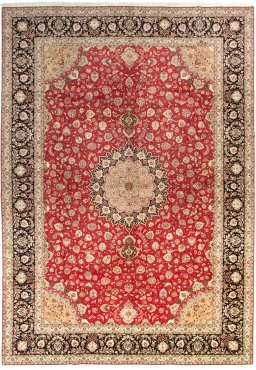 Full view of 2020s Tabriz Silk rug from Iran / Persia, 503 × 345 cm in Red tones