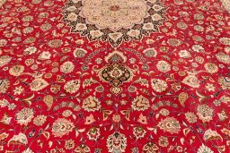 Close-up detail of 2020s Tabriz Silk rug from Iran / Persia showing Wool weave