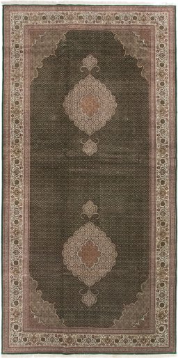 Full view of 2019s Tabriz Silk rug from Iran / Persia, 400 × 197 cm in Green tones