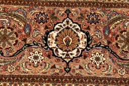 Close-up detail of 2018s Tabriz Silk rug from Iran / Persia showing Wool weave