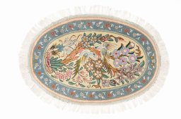 Full view of New Tabriz Silk rug from Iran / Persia, 63 × 52 cm in Beige tones