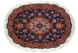 Full view of New Tabriz Silk rug from Iran / Persia, 81 × 55 cm in Dark blue tones
