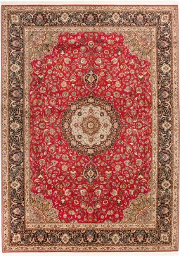Full view of New Tabriz Silk rug from Iran / Persia, 405 × 292 cm in Red tones