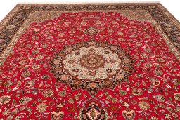 Full view of New Tabriz Silk rug from Iran / Persia, 405 × 292 cm in Red tones