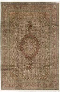 Full view of New Tabriz Silk rug from Iran / Persia, 305 × 205 cm in Beige tones