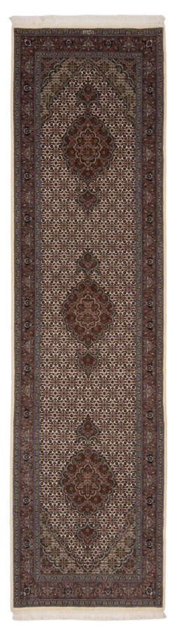 Full view of New Tabriz Silk rug from Iran / Persia, 310 × 80 cm in Beige tones
