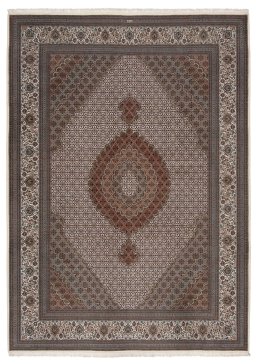 Full view of New Tabriz Silk rug from Iran / Persia, 357 × 255 cm in Beige tones