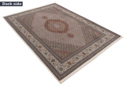 Corner detail of New Tabriz Silk rug showing border pattern and Wool pile