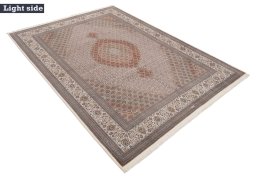 Full view of New Tabriz Silk rug from Iran / Persia, 357 × 255 cm in Beige tones