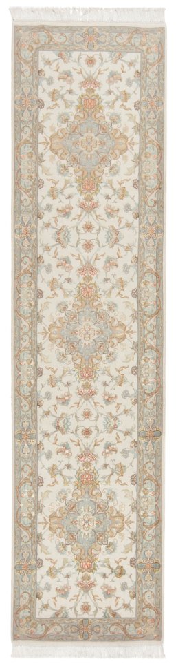Full view of New Tabriz Silk rug from Iran / Persia, 322 × 80 cm in Beige tones