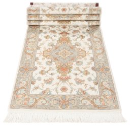 Full view of New Tabriz Silk rug from Iran / Persia, 322 × 80 cm in Beige tones