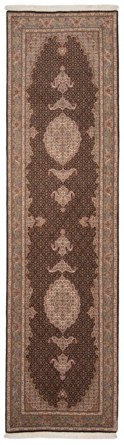 Full view of New Tabriz Silk rug from Iran / Persia, 300 × 82 cm in Blue tones