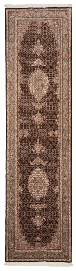 Full view of New Tabriz Silk rug from Iran / Persia, 300 × 82 cm in Blue tones