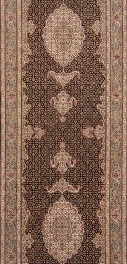 Corner detail of New Tabriz Silk rug showing border pattern and Wool pile