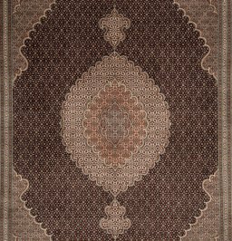 Corner detail of New Tabriz Silk rug showing border pattern and Wool pile