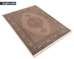 Full view of New Tabriz Silk rug from Iran / Persia, 204 × 154 cm in Beige tones