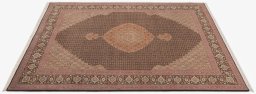 Corner detail of New Tabriz Silk rug showing border pattern and Wool pile