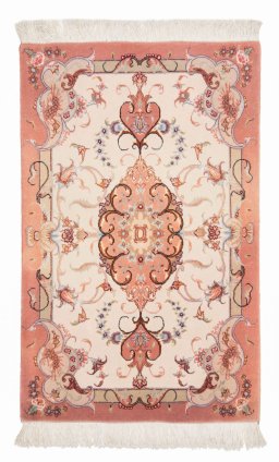 Full view of New Tabriz Silk rug from Iran / Persia, 95 × 60 cm in Beige tones