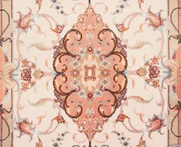 Full view of New Tabriz Silk rug from Iran / Persia, 95 × 60 cm in Beige tones
