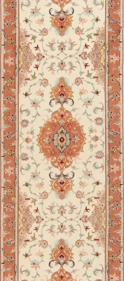 Full view of New Tabriz Silk rug from Iran / Persia, 975 × 83 cm in Beige tones