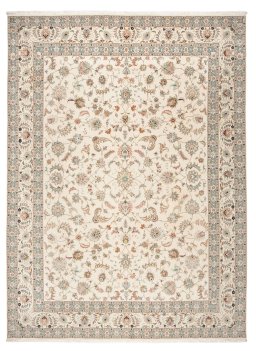 Full view of New Tabriz Silk rug from Iran / Persia, 396 × 305 cm in Beige tones