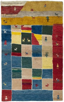 Full view of 2000s Persian Gabbeh rug from Pakistan, 170 × 106 cm in Multi Color tones