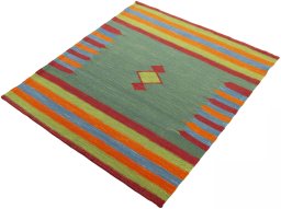 Corner detail of New Kilim Sofre rug showing border pattern and Wool pile