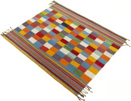 Corner detail of New Kilim Sofre rug showing border pattern and Wool pile