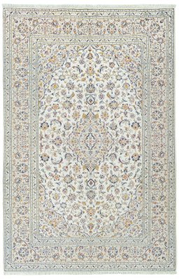 Full view of 2000s Kashan rug from Iran / Persia, 297 × 196 cm in Beige tones