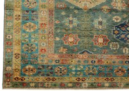 Corner detail of New Kazak rug showing border pattern and Wool pile