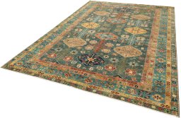 Corner detail of New Kazak rug showing border pattern and Wool pile