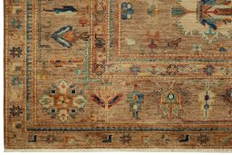 Corner detail of New Kazak rug showing border pattern and Wool pile