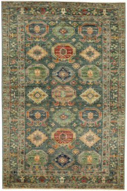 Full view of New Kazak rug from Pakistan, 311 × 205 cm in Green tones