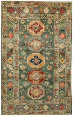 Full view of New Kazak rug from Pakistan, 198 × 124 cm in Green tones